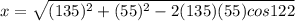x=\sqrt{(135)^2+(55)^2-2(135)(55)cos 122}