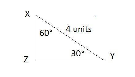 Triangle x y z is shown. angle x z y is a right angle. angle z x y is 60 degrees and angle x y z is