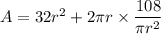 A=32r^2+2\pi r\times \dfrac{108}{\pi r^2}