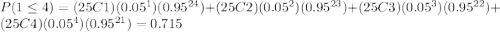 P(1\leqX\leq4) = (25C1)(0.05^1)(0.95^{24}) + (25C2)(0.05^2)(0.95^{23}) + (25C3)(0.05^3)(0.95^{22}) + (25C4)(0.05^4)(0.95^{21}) = 0.715