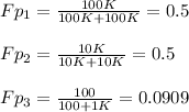 Fp_1=\frac{100K}{100K+100K}=0.5\\\\Fp_2=\frac{10K}{10K+10K}=0.5\\\\Fp_3=\frac{100}{100+1K}=0.0909