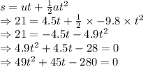 s=ut+\frac{1}{2}at^2\\\Rightarrow 21=4.5t+\frac{1}{2}\times -9.8\times t^2\\\Rightarrow 21=-4.5t-4.9t^2\\\Rightarrow 4.9t^2+4.5t-28=0\\\Rightarrow 49t^2+45t-280=0