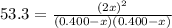 53.3 = \frac{(2x)^{2}}{(0.400 - x)(0.400 - x)}