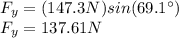 F_y=(147.3N)sin(69.1^\circ)\\F_y=137.61N