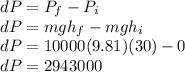 dP = P_{f} - P_{i}\\dP= mgh_{f} - mgh_{i}\\ dP= 10000(9.81)(30) - 0\\ dP= 2943000