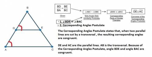 In δabc shown below, bd over ba equals be over bc:  triangle abc with segment de intersecting sides