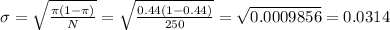 \sigma=\sqrt{\frac{\pi(1-\pi)}{N} } =\sqrt{\frac{0.44(1-0.44)}{250} }=\sqrt{0.0009856}=0.0314