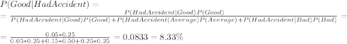 P(Good|Had Accident)=\\=\frac{P(Had Accident|Good)P(Good)}{P(Had Accident|Good)P(Good)+P(Had Accident|Average)P(Average)+P(Had Accident|Bad)P(Bad)}=\\=\frac{0.05*0.25}{0.05*0.25+0.15*0.50+0.25*0.25}=0.0833=8.33\%