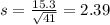 s = \frac{15.3}{\sqrt{41}} = 2.39