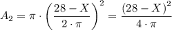 A_2 = \pi \cdot \left(\dfrac{28 - X}{2 \cdot \pi} \right)^2  =  \dfrac{\left(28 - X\right)^2}{4 \cdot \pi}