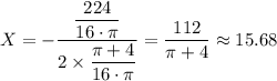 X = - \dfrac{\dfrac{224}{16 \cdot \pi} }{2 \times \dfrac{\pi + 4}{16 \cdot \pi} }  = \dfrac{112}{\pi + 4} \approx 15.68