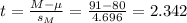 t=\frac{M-\mu}{s_M}=\frac{91-80}{4.696}  =2.342