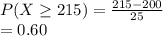 P(X\geq 215) = \frac{215-200}{25} \\=0.60