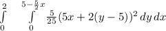 \int\limits^{2}_{0} \ \ \ \int\limits^{5-\frac{5}{2} x}_{0} {\frac{5}{25}(5x+2(y-5))^2}\, dy \,dx