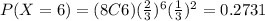P(X=6)=(8C6)(\frac{2}{3})^{6}(\frac{1}{3})^{2}=0.2731