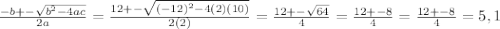 \frac{-b+-\sqrt{b^2-4ac} }{2a}=\frac{12+-\sqrt{(-12)^2-4(2)(10)} }{2(2)}=\frac{12+-\sqrt{64} }{4}=\frac{12+-8}{4}=\frac{12+-8}{4}=5,1