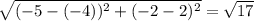 \sqrt{(-5-(-4))^{2} +(-2-2)^{2} } =\sqrt{17}