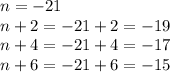 n=-21\\n+2=-21+2=-19\\n+4=-21+4=-17\\n+6=-21+6=-15