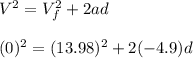 V^{2} = V^{2}_{f} + 2 ad\\\\(0)^{2} = (13.98)^{2} + 2 (- 4.9)d\\