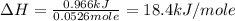 \Delta H=\frac{0.966kJ}{0.0526mole}=18.4kJ/mole