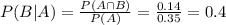 P(B|A) = \frac{P(A \cap B)}{P(A)} = \frac{0.14}{0.35} = 0.4