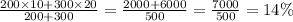 \frac{200 \times 10 + 300 \times 20}{200 + 300} = \frac{2000 + 6000}{500} = \frac{7000}{500} = 14\%