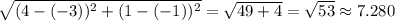 \sqrt{(4-(-3))^2+(1-(-1))^2} = \sqrt{49+4}=\sqrt{53} \approx 7.280