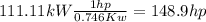 111.11 kW \frac{1hp}{0.746Kw} =148.9hp
