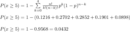 P(x\geq5)=1-\sum\limits^4_{k=0} {\frac{n!}{k!(n-k)!} p^k(1-p)^{n-k}}\\\\P(x\geq5)=1-(0.1216+0.2702+0.2852+0.1901+0.0898)\\\\P(x\geq5)=1-0.9568=0.0432