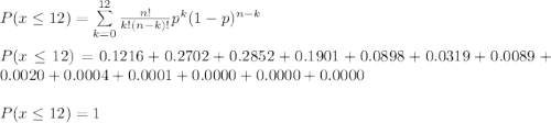 P(x\leq 12)=\sum\limits^{12}_{k=0} {\frac{n!}{k!(n-k)!} p^k(1-p)^{n-k}}\\\\P(x\leq 12)=0.1216+0.2702+0.2852+0.1901+0.0898+0.0319+0.0089+0.0020+0.0004+0.0001+0.0000+0.0000+0.0000\\\\P(x\leq 12)=1