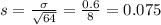 s = \frac{\sigma}{\sqrt{64}} = \frac{0.6}{8} = 0.075