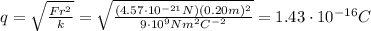 q=\sqrt{\frac{Fr^2}{k}}=\sqrt{\frac{(4.57\cdot 10^{-21} N)(0.20 m)^2}{9\cdot 10^9 Nm^2C^{-2}}}=1.43\cdot 10^{-16} C