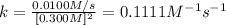 k=\frac{0.0100M/s}{[0.300 M]^2}=0.1111 M^{-1} s^{-1}