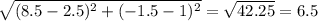 \sqrt{(8.5-2.5)^{2}+(-1.5-1)^{2}  } =\sqrt{42.25}= 6.5