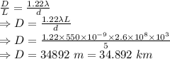 \frac{D}{L}=\frac{1.22\lambda}{d}\\\Rightarrow D=\frac{1.22\lambda L}{d}\\\Rightarrow D=\frac{1.22\times 550\times 10^{-9}\times 2.6\times 10^8\times 10^3}{5}\\\Rightarrow D=34892\ m=34.892\ km