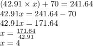 (42.91 \times x) + 70 = 241.64\\42.91x=241.64-70\\42.91x=171.64\\x= \frac{171.64}{42.91}\\x=4