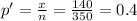 p'=\frac{x}{n} = \frac{140}{350}=0.4