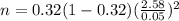 n =0.32(1-0.32)(\frac{2.58}{0.05})^2