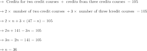 \begin{array}{l}{\rightarrow \text { Credits for two credit courses }+\text { credits from three credits courses }=105} \\\\ {\rightarrow 2 \times \text { number of two credit courses }+3 \times \text { number of three lcredit courses }=105} \\\\ {\rightarrow 2 \times n+3 \times(47-n)=105} \\\\ {\rightarrow 2 n+141-3 n=105} \\\\ {\rightarrow 3 n-2 n=141-105} \\\\ {\rightarrow n=36}\end{array}