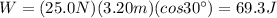 W=(25.0 N)(3.20 m)(cos 30^{\circ})=69.3 J