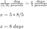 \frac{1}{(5/8)}\frac{day}{pounds}=\frac{x}5}\frac{days}{pounds}\\ \\x=5*8/5\\ \\x=8\ days