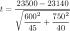 t=\dfrac{23500-23140}{\sqrt{\dfrac{600^2}{45}+\dfrac{750^2}{40}}}