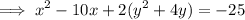 $ \implies x^2 - 10x + 2(y^2 + 4y) = -25 $