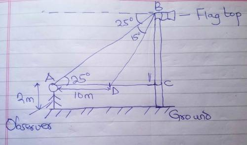 The angle between the ground at the top of a flag pole is 25o when the observer is at point a. the o
