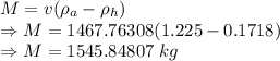 M=v(\rho_a-\rho_h)\\\Rightarrow M=1467.76308(1.225-0.1718)\\\Rightarrow M=1545.84807\ kg