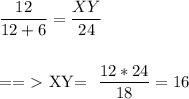 \dfrac{12}{12+6} = \dfrac{XY}{24} \\\\&#10;&#10;==\ \textgreater \  XY= \dfrac{12*24}{18} =16