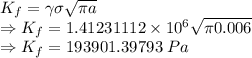 K_f=\gamma \sigma \sqrt{\pi a}\\\Rightarrow K_f=1.41231 112\times 10^6\sqrt{\pi 0.006}\\\Rightarrow K_f=193901.39793\ Pa