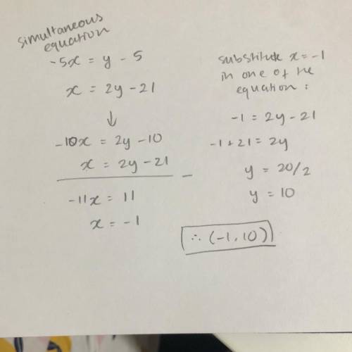 Solve the system of equations given below. -5x = y - 5 -2y = -x – 21 a (10,-45) b. (-1,10) c. (10,16