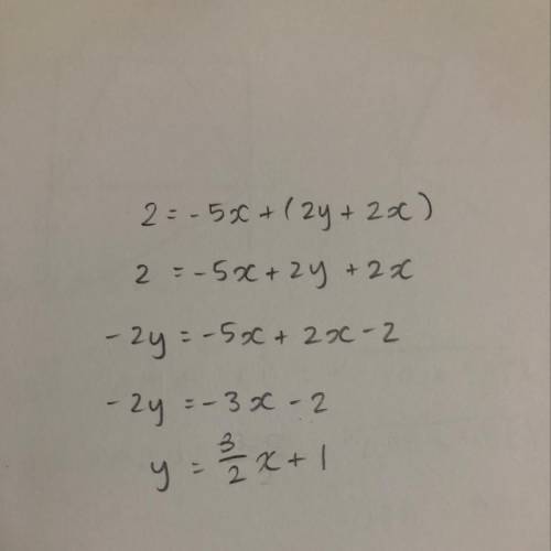 Rewrite the equation 2 = -5x + (2y + 2x) in slope intercept form (y = mx + b or y = 5x - 4)