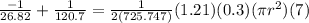 \frac{-1}{26.82}+\frac{1}{120.7} = \frac{1}{2(725.747)}(1.21)(0.3)(\pi r^2) (7)